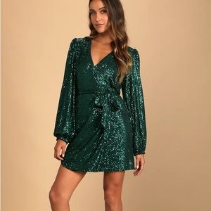 Lulu's Sparkly Darling Emerald Green Sequin Long Sleeve Wrap Dress XS